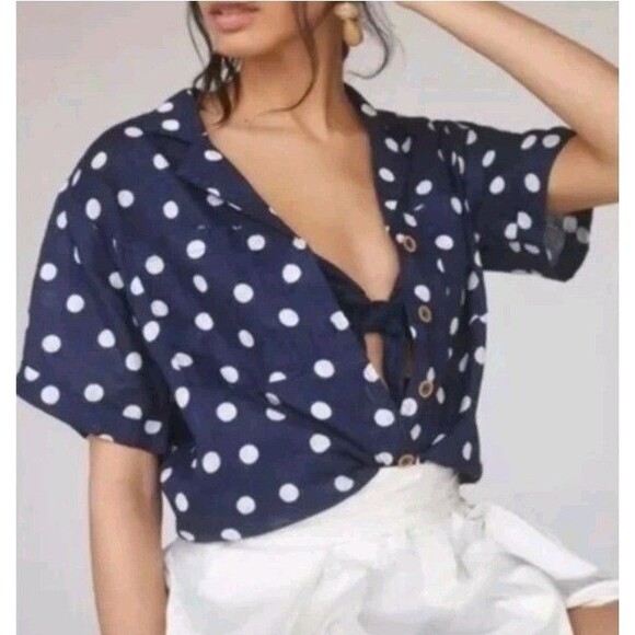 Maeve Navy Polka Dots Button Down 109% Linen Shirt Size Medium Beach Nautical - Picture 2 of 12
